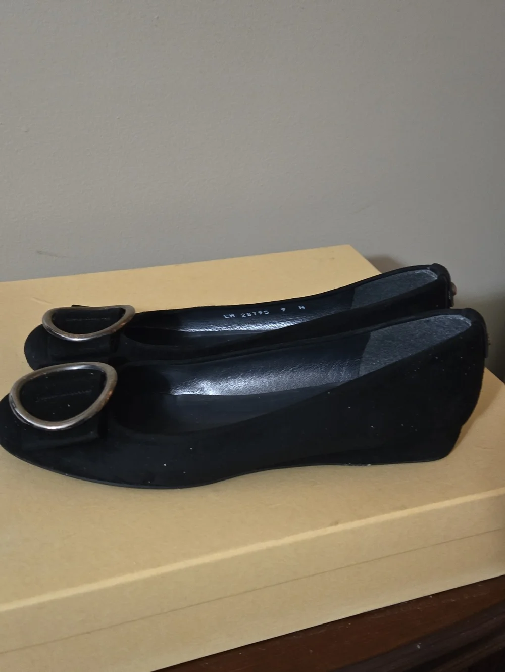 Stuart Weitzman Black Suede Bucksome Wedges with Silver Oval Accents Size 9N - Picture 6 of 11